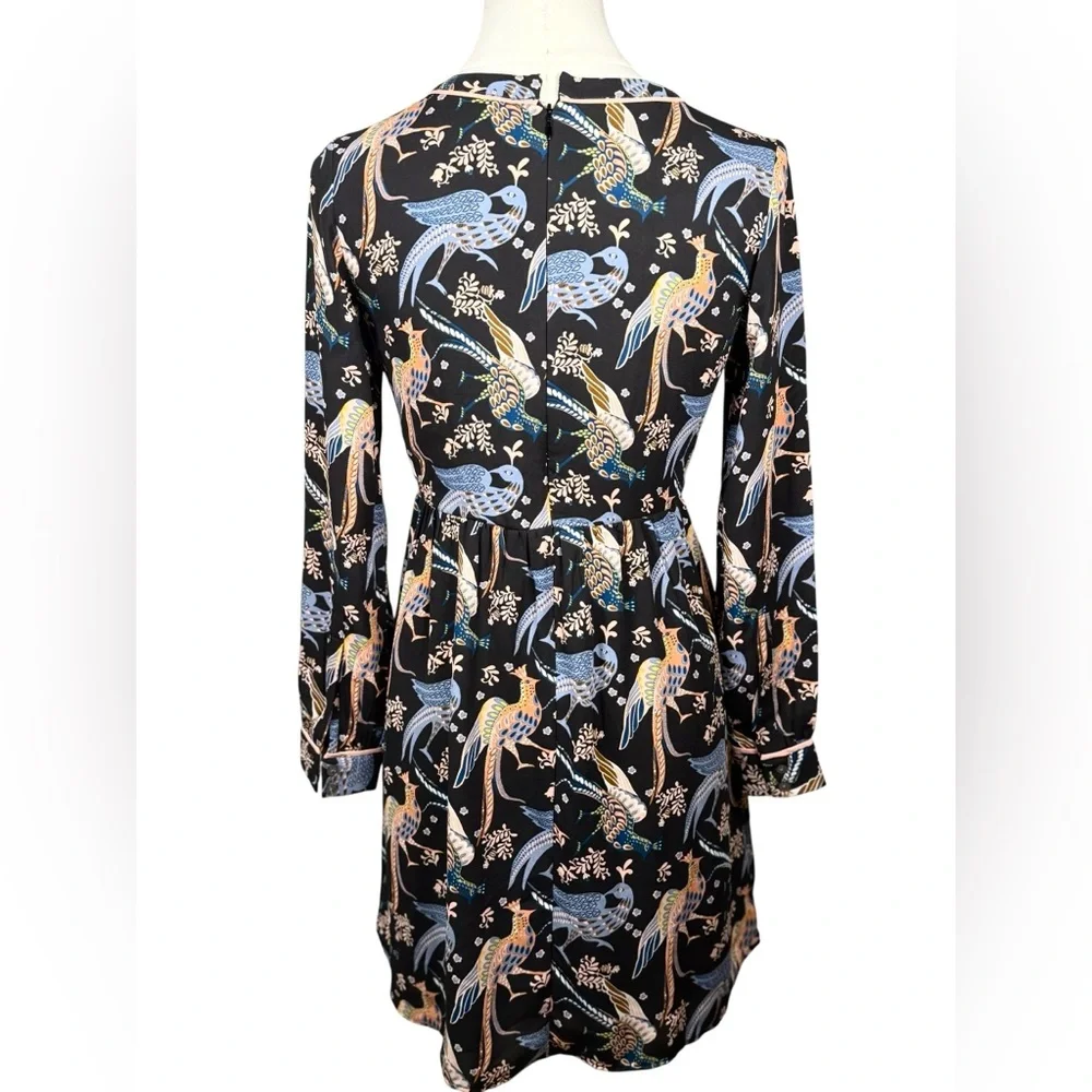 Ann Taylor Loft Long Sleeve Bird Print Dress in Black & Pastels Size 00P - Picture 4 of 9